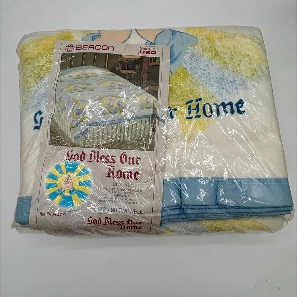 Vintage Beacon God Bless Our Home Blanket Twin Full Blue Yellow Made in USA NEW